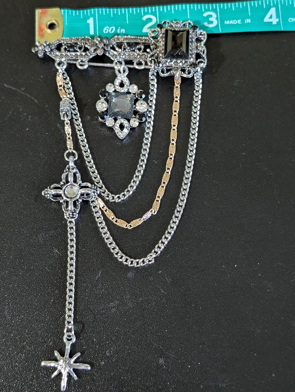 Silver and Gold Tone Multi-Chain Brooch Pin with Black Crystal Accents